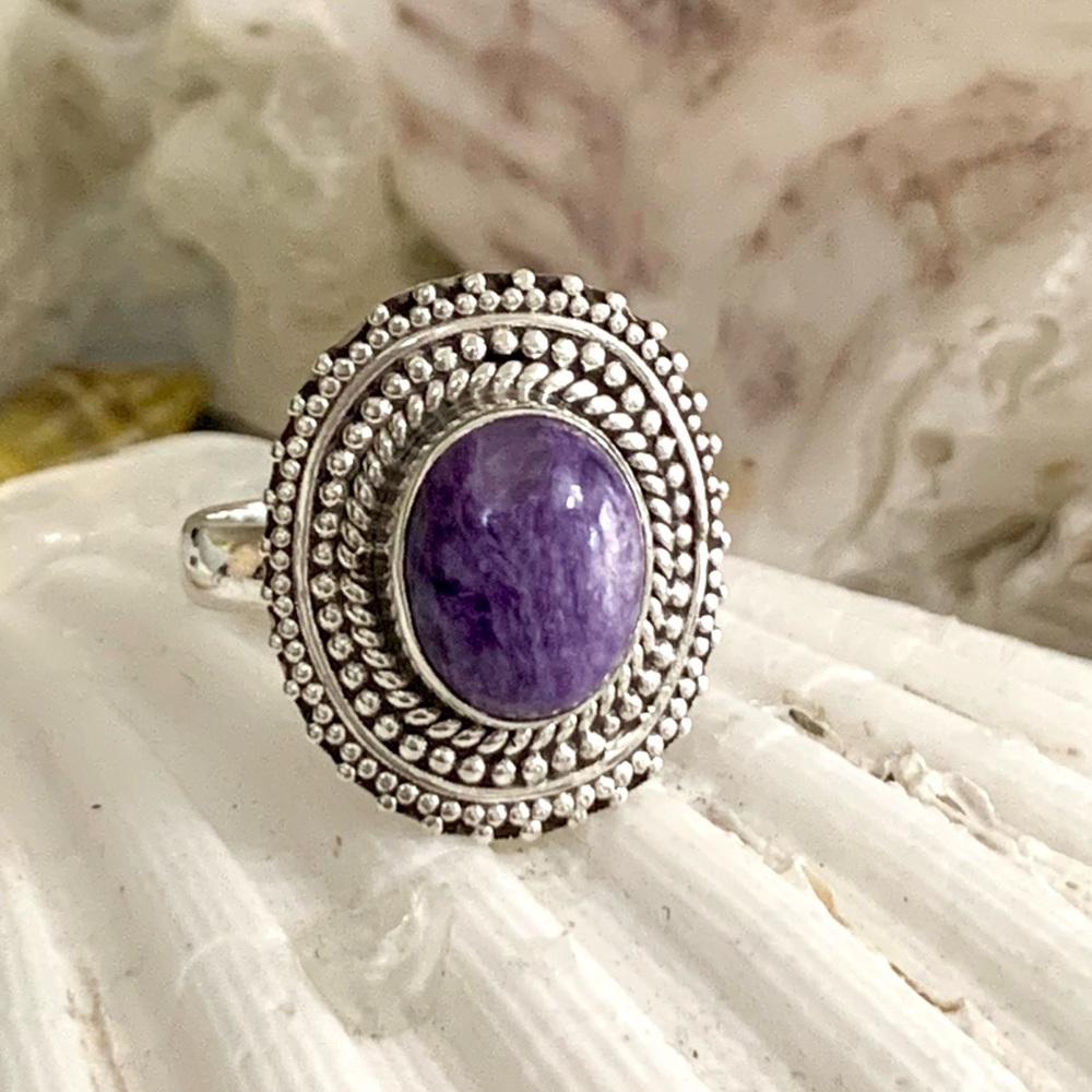 Rare Sugilite Mayan Style Sterling Silver Ring